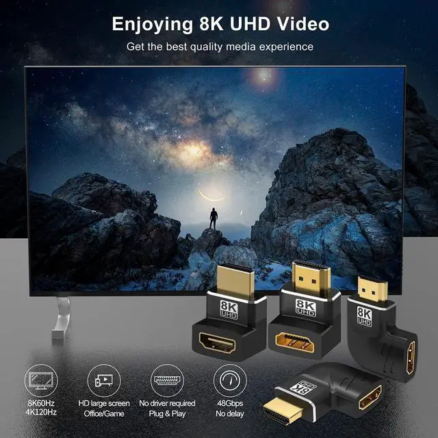 Alt view image 7 of 7 - Vszerda 4 Pack 8K HDMI 2.1 Male to Female Adapter Connector Up Down Left Right Angle 90 270 Degree Gold Plated Support 8K@60Hz,4K@120Hz,HDR,eARC for PC Laptop HDTV Switch PS4 PS5