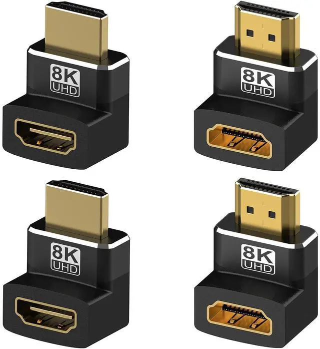 Main image of Vszerda 4 Pack 8K HDMI 2.1 Male to Female Adapter Right Angle Connector Up Down Angle 90 270 Degree Gold Plated Support 8K@60Hz,4K@120Hz,HDR,eARC for HDMI Cable PC Laptop HDTV Switch PS4 PS5 Xbox