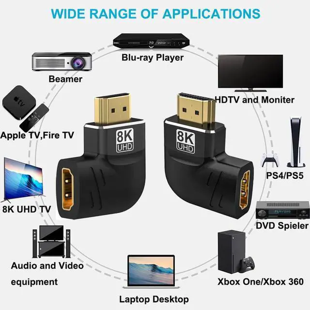 Alt view image 5 of 7 - Vszerda 4 Pack 8K HDMI 2.1 Male to Female Adapter Connector Left Right Angle 90 270 Degree Gold Plated Support 8K@60Hz,4K@120Hz,HDR,eARC for PC Laptop HDTV Switch PS4 PS5