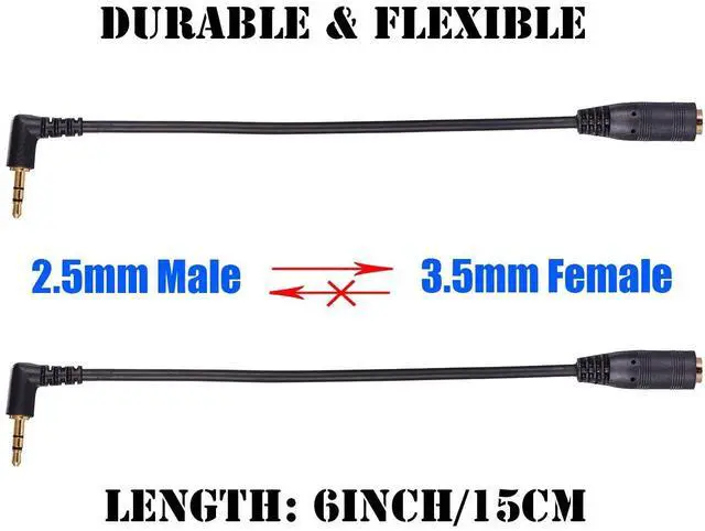 Alt view image 4 of 6 - Vszerda 2 Pack Gold Plated 2.5mm Male to 1/8 inch 3.5mm Female Stereo Audio Jack Adapter Cable 90 Degree Right Angle Connector 6 inch Cord for Radios,Headphones,Recorder,Camera