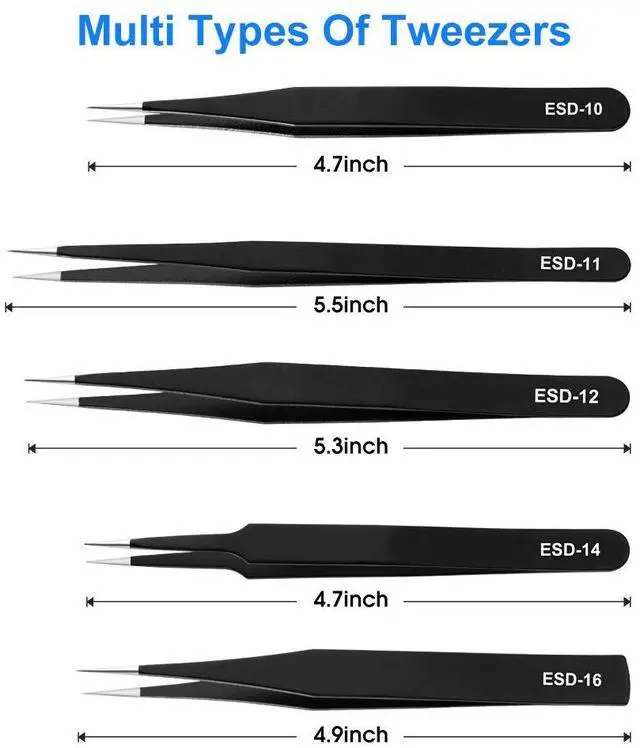 Alt view image 2 of 7 - Vszerda 10 PCS Precision Tweezers Set, Stainless Steel ESD Anti-Static Tweezers Kit for Electronics Soldering, Jewelry-Making, Laboratory & Crafts - Includes Storage Bag