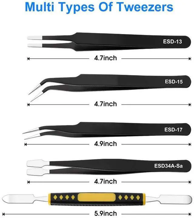 Alt view image 3 of 7 - Vszerda 10 PCS Precision Tweezers Set, Stainless Steel ESD Anti-Static Tweezers Kit for Electronics Soldering, Jewelry-Making, Laboratory & Crafts - Includes Storage Bag