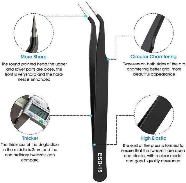 Alt view image 4 of 7 - Vszerda 10 PCS Precision Tweezers Set, Stainless Steel ESD Anti-Static Tweezers Kit for Electronics Soldering, Jewelry-Making, Laboratory & Crafts - Includes Storage Bag