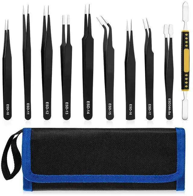 Main image of Vszerda 10 PCS Precision Tweezers Set, Stainless Steel ESD Anti-Static Tweezers Kit for Electronics Soldering, Jewelry-Making, Laboratory & Crafts - Includes Storage Bag
