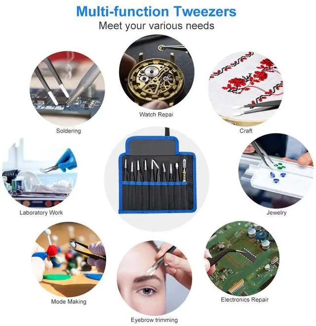 Alt view image 5 of 7 - Vszerda 10 PCS Precision Tweezers Set, Stainless Steel ESD Anti-Static Tweezers Kit for Electronics Soldering, Jewelry-Making, Laboratory & Crafts - Includes Storage Bag