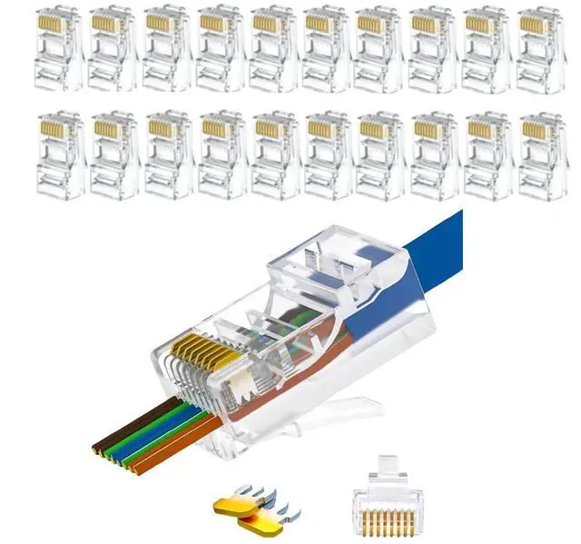 Main image of Vszerda 20-Pack RJ45 Pass Through Connector, Cat 5 Cat 6 connectors, Gold Plated 8P8C Modular Plugs for Solid/Stranded UTP Network Cable