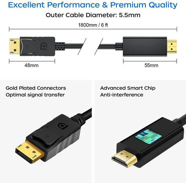 Alt view image 5 of 7 - Vszerda 4K Displayport to HDMI Cable 6 Feet 2-Pack, Display Port (DP) to HDMI Adapter Male to Male Cord Converter for PC to HDTV, Monitor, Projector