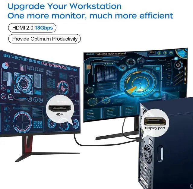 Alt view image 6 of 7 - Vszerda 4K Displayport to HDMI Cable 6 Feet 2-Pack, Display Port (DP) to HDMI Adapter Male to Male Cord Converter for PC to HDTV, Monitor, Projector