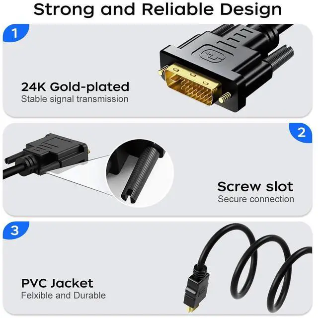Alt view image 3 of 7 - Vszerda HDMI A to DVI Adapter Cable 6ft, 2 Pack Bi-Directional 1080P HDMI to DVI-D Cable Male to Male, High-Speed Gold-Plated for Raspberry Pi, Roku, X-Box One, PS3/4/5, Graphics Card