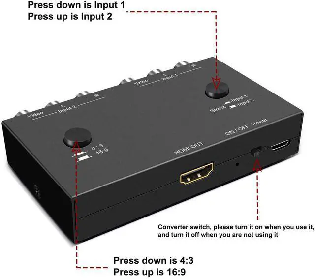 Alt view image 4 of 7 - Vszerda 2 RCA to HDMI, 1080P 2 Way RCA Composite CVBS AV Switch to HDMI Video Audio Converter Adapter Supporting 4:3/16:9, for PC Laptop Xbox PS2 PS3 N64 NGC SNES WII VHS VCR Camera DVD