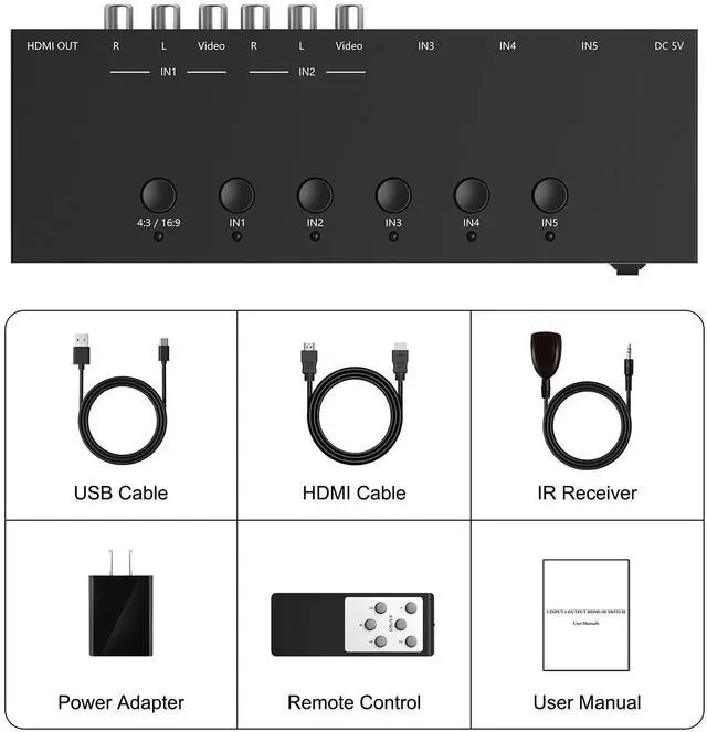 Alt view image 7 of 7 - Vszerda 2 AV to HDMI Converter + 3 HDMI2.0 Switcher(2 in 1) 2 Way RCA Composite to HDMI Adapter Support 4:3/16:9 Switching for N64 NGC WII Xbox PS2/3/4/5 DVD Xbox Series/ONE Switch/OLED