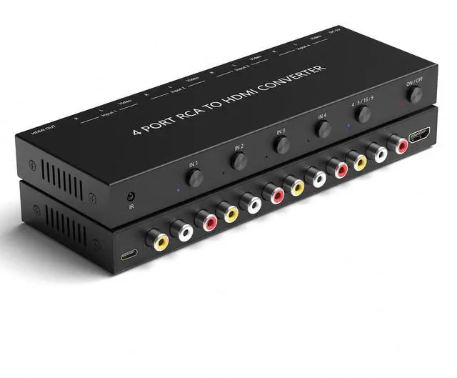 Main image of 4 Port RCA to HDMI Converter 1080P/720P RCA Composite CVBS AV Switch to HDMI Converter Adapter Support 4:3/16:9 Switch, for Sega Xbox PS1 PS2 PS3 N64 NGC SNES WII VHS VCR Camera DVD(With Remote
