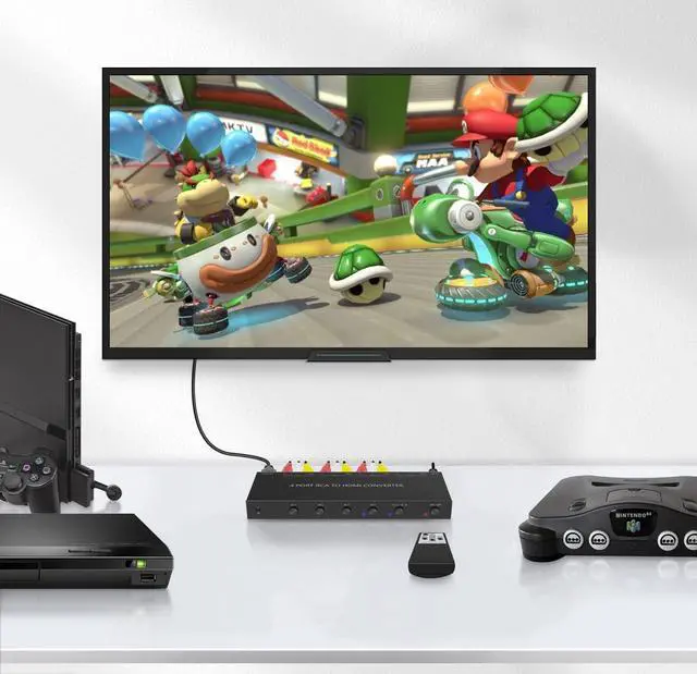 Alt view image 6 of 7 - 4 Port RCA to HDMI Converter 1080P/720P RCA Composite CVBS AV Switch to HDMI Converter Adapter Support 4:3/16:9 Switch, for Sega Xbox PS1 PS2 PS3 N64 NGC SNES WII VHS VCR Camera DVD(With Remote