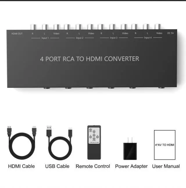 Alt view image 7 of 7 - 4 Port RCA to HDMI Converter 1080P/720P RCA Composite CVBS AV Switch to HDMI Converter Adapter Support 4:3/16:9 Switch, for Sega Xbox PS1 PS2 PS3 N64 NGC SNES WII VHS VCR Camera DVD(With Remote