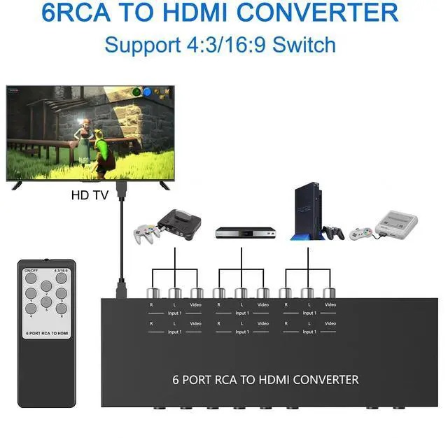 Alt view image 5 of 7 - Vszerda 6 Way RCA to HDMI Converter 1080P/720P RCA Composite CVBS AV Switch to HDMI Converter Adapter Support 4:3/16:9 Switch for Sega Xbox PS1 PS2 PS3 N64 NGC SNES WII VHS VCR Camera DVD