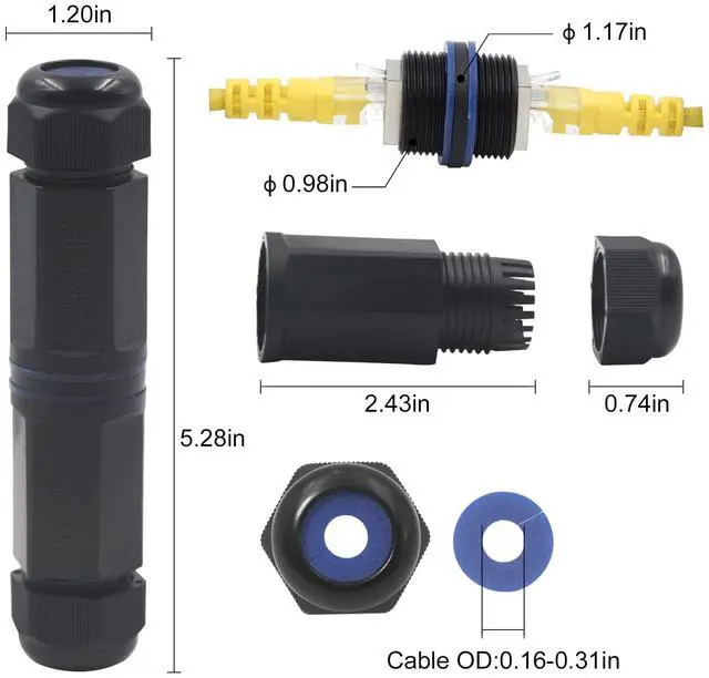 Alt view image 5 of 7 - Vszerda Waterproof RJ45 Coupler IP68, CAT6/CAT5E/CAT5 Female to Female Coupler Connector Shielded 8Pin for Outdoor Ethernet LAN Cable 2-Pack, 5.3 in