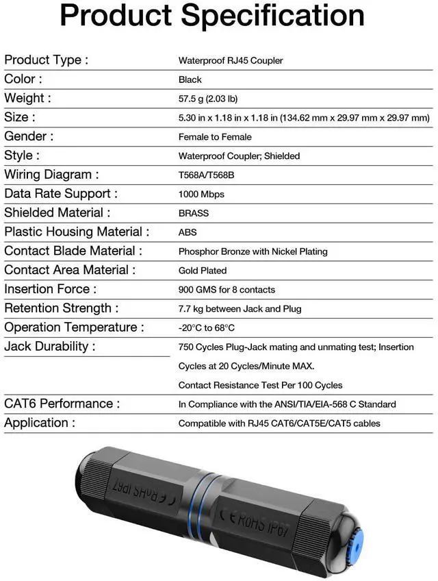 Alt view image 6 of 6 - Vszerda IP68 Waterproof Ethernet Coupler 1000Mbps, CAT6/CAT5E/CAT5 Female to Female Adapter PoE, Shielded Outdoor RJ45 Connector 5-Pack
