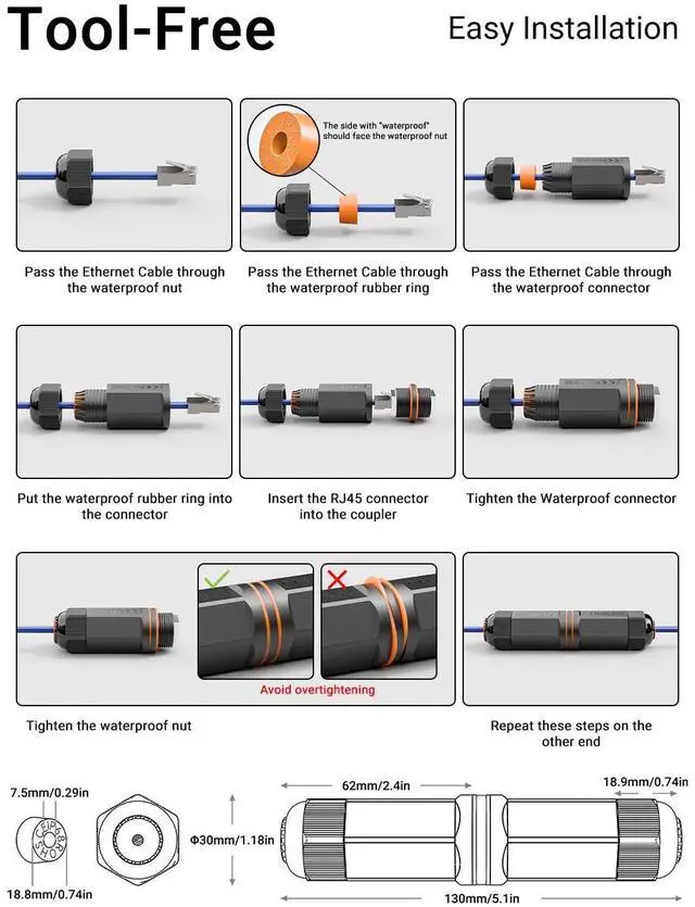 Alt view image 5 of 7 - Vszerda Ethernet Coupler Outdoor CAT6A 10Gbps, Female-to-Female Waterproof RJ45 Connector Shielded, IP68 Network Cable Extender for Weatherproof Use 5-Pack, 5.3 in