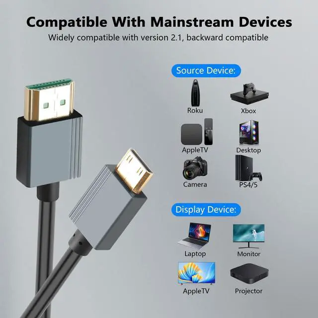 Alt view image 6 of 7 - Vszerda 8K Mini HDMI to HDMI Cable, Ultra HD High Speed HDMI to Mini HDMI Coiled Cable 2.1 Support 8K 4K 3D and Dynamic HDR Up to 48Gbps, Compatible with TV, PC,Camera Monitors Projector ect 3FT/0.9M