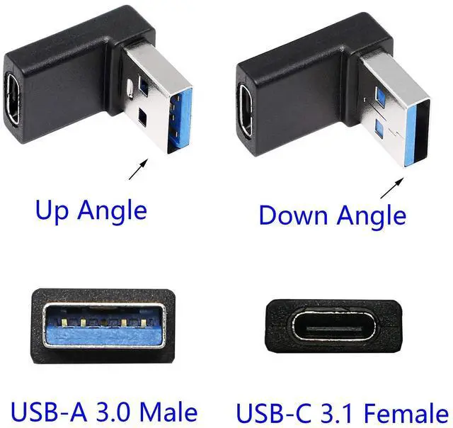 Alt view image 2 of 7 - Vszerda Right Angle USB C to USB A Adapter, Up Angle & Down Angle USB A 3.0 Male to USB Type C 3.1 Female Connector Adapter for Laptops, Wall Chargers, Power Banks(2-Pack)
