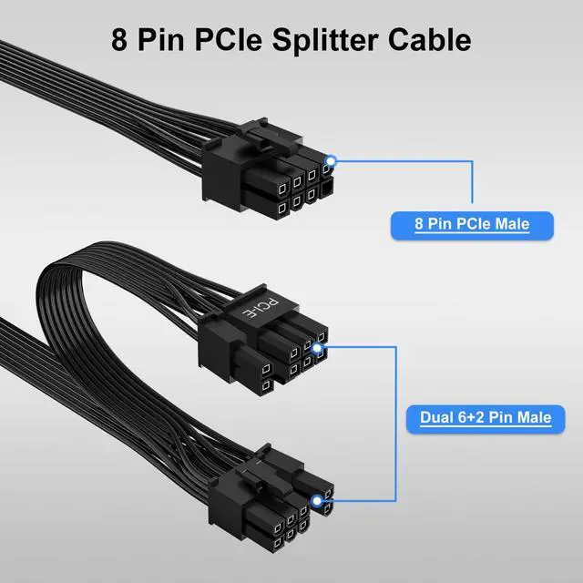 Alt view image 2 of 7 - PCIe Cable Campatible with Corsair, 60 cm 8 Pin to Dual 6+2 Pin, Male to Male GPU Power Cable, Compatible with ARESGAME Modular Power Supplies (60cm+18cm), 1Pack