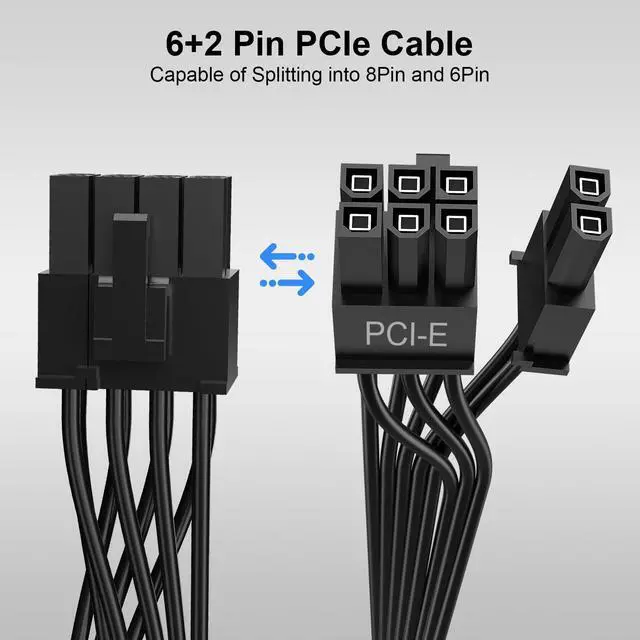 Alt view image 5 of 7 - PCIe Cable Campatible with Corsair, 60 cm 8 Pin to Dual 6+2 Pin, Male to Male GPU Power Cable, Compatible with ARESGAME Modular Power Supplies (60cm+18cm), 1Pack