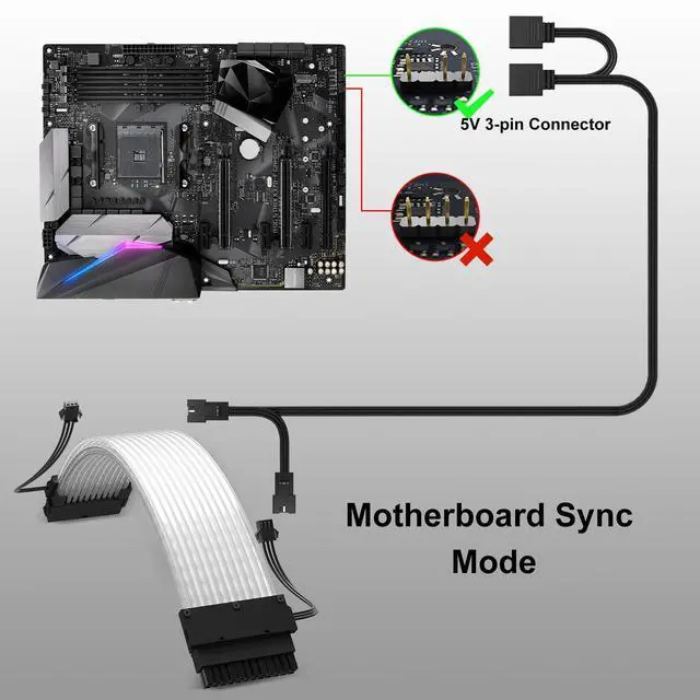 Alt view image 3 of 7 - Vszerda 24 Pin RGB PSU Cable, Ribbon Fiber Optic Design with 24 LED Beads, Durable and RGB Power Extension Cable for 5V 3-pin ARGB Header, White Aluminum Foil Braided Wire, 0.8 Feet