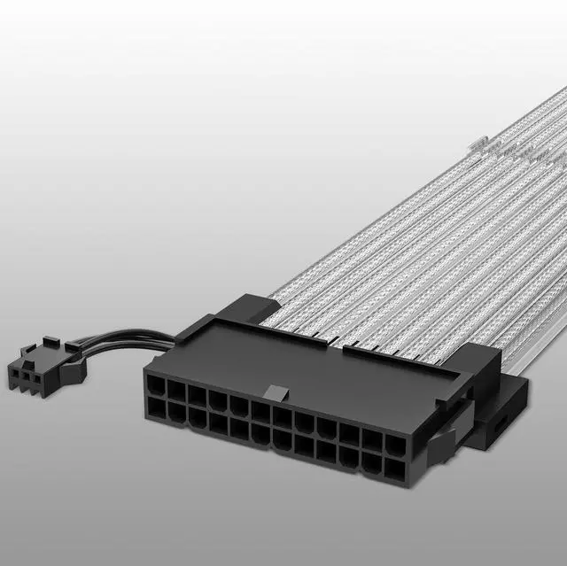 Alt view image 4 of 7 - Vszerda 24 Pin RGB PSU Cable, Ribbon Fiber Optic Design with 24 LED Beads, Durable and RGB Power Extension Cable for 5V 3-pin ARGB Header, White Aluminum Foil Braided Wire, 0.8 Feet