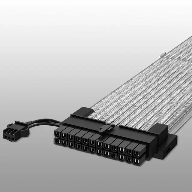 Alt view image 5 of 7 - Vszerda 24 Pin RGB PSU Cable, Ribbon Fiber Optic Design with 24 LED Beads, Durable and RGB Power Extension Cable for 5V 3-pin ARGB Header, White Aluminum Foil Braided Wire, 0.8 Feet