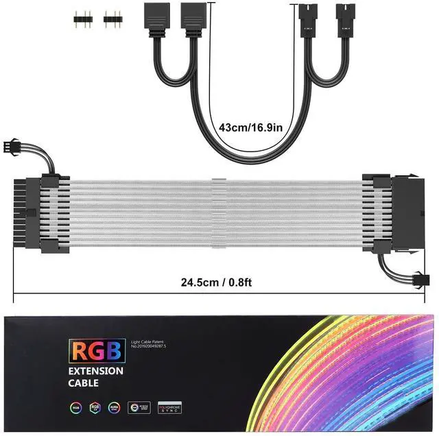 Alt view image 7 of 7 - Vszerda 24 Pin RGB PSU Cable, Ribbon Fiber Optic Design with 24 LED Beads, Durable and RGB Power Extension Cable for 5V 3-pin ARGB Header, White Aluminum Foil Braided Wire, 0.8 Feet