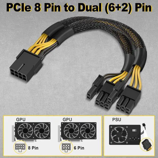 Alt view image 4 of 7 - Vszerda 2-Pack PCIe 8 Pin to Dual 8 Pin (6+2) Power Adapter Cable, 9 Inches, with Heat-Shrink Tubing, PSU Cables for GPU, Female to Male PCIe 8 Pin Cable