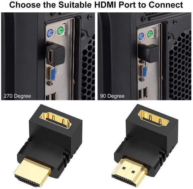 Alt view image 2 of 7 - Vszerda HDMI Angled Adapter Combo, 4 Pcs Male to Female 90 Degree and 270 Degree Right Angle and 90 Degree Left and Right Angled Vertical Flat HDMI Adapter with Gold Plated Connectors