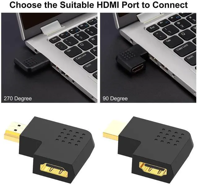Alt view image 3 of 7 - Vszerda HDMI Angled Adapter Combo, 4 Pcs Male to Female 90 Degree and 270 Degree Right Angle and 90 Degree Left and Right Angled Vertical Flat HDMI Adapter with Gold Plated Connectors