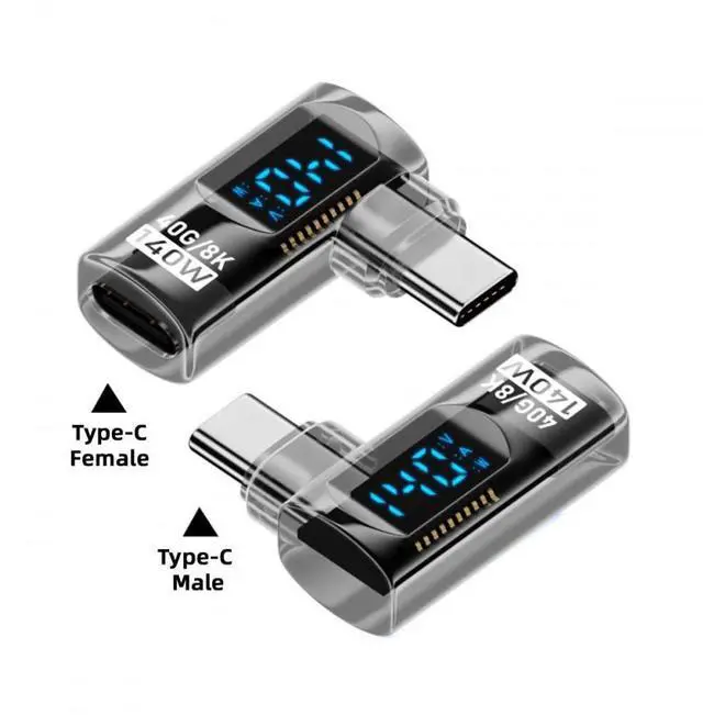 Alt view image 2 of 7 - Vszerda Adapter Transparent Type-C Smart LED Display USB-C Male to Female Extension Adapter USB4.0 40Gbps 140W Left Right Angled 90 Degree Current Voltage Monitoring