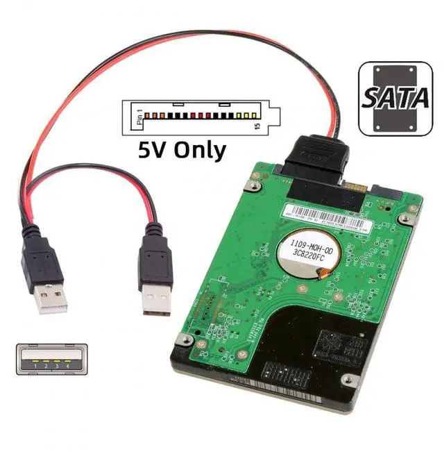 Alt view image 4 of 6 - Vszerda DC 5V USB Dual to SATA 15Pin Power Cable for 2.5 inch SATA HDD SSD Disk Driver 5V 2A Max