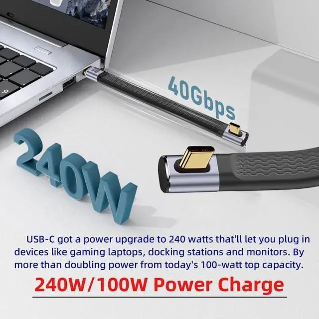 Alt view image 4 of 7 - Vszerda USB 4.0 Cable 240W USB4 Power Type-C USB-C Male to Male USB4 Low Profile Angled 40Gbps 100W 8K Flat Slim FPC Data Cable 13cm