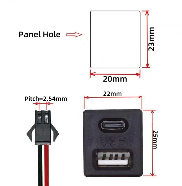 Alt view image 3 of 6 - Vszerda Connector DIY OEM Type-C & Type-A Female Socket to 2Pin Header Cable Pitch=2.54mm Latch Mount Type DC 5V Power