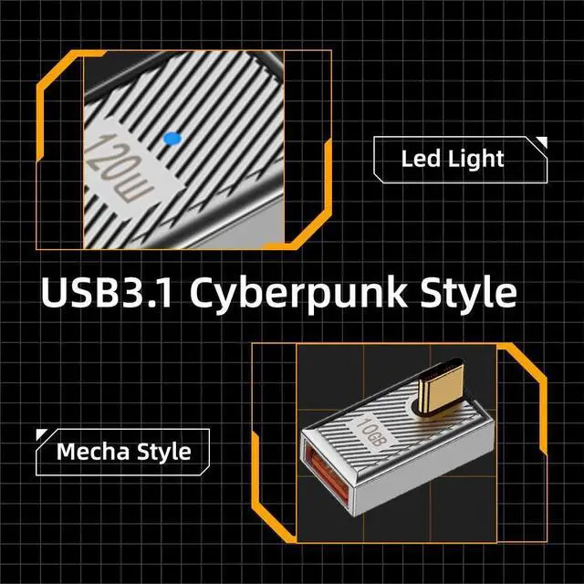 Alt view image 2 of 7 - Vszerda Adapter USB-C USB 3.1 Type C Male to USB 3.0 A Female 10Gbps OTG Data 120W Power Low Profile Angled Adapter Alloy Shell Mecha Cyberpunk Style