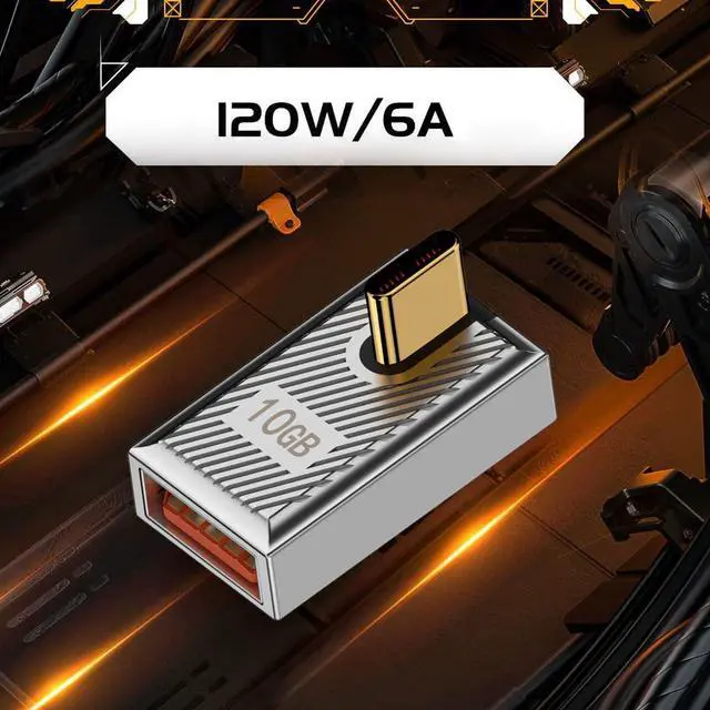 Alt view image 5 of 7 - Vszerda Adapter USB-C USB 3.1 Type C Male to USB 3.0 A Female 10Gbps OTG Data 120W Power Low Profile Angled Adapter Alloy Shell Mecha Cyberpunk Style