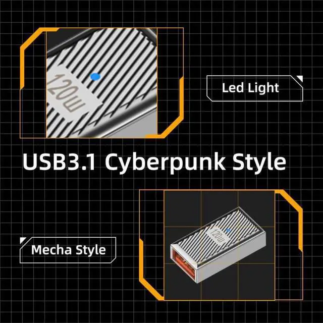 Alt view image 7 of 7 - Vszerda Adapter USB-C USB 3.1 Type C Male to USB 3.0 A Female 10Gbps OTG Data 120W Power Adapter Alloy Shell Mecha Cyberpunk Style