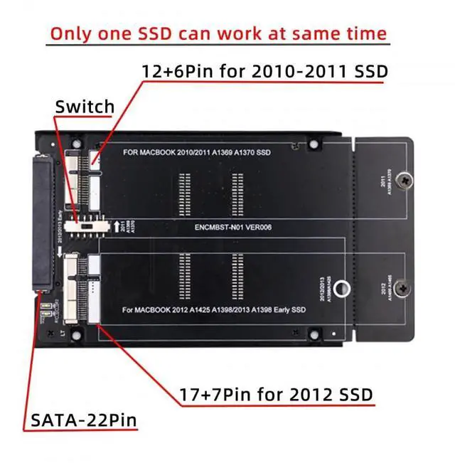 Alt view image 3 of 7 - Vszerda 2.5inch SATA 22Pin to 2010 2011 2012 Mac Air Pro Retina SSD 12+6Pin 17+7Pin A1425 A1398 MC975 MC976 Case Enclosure