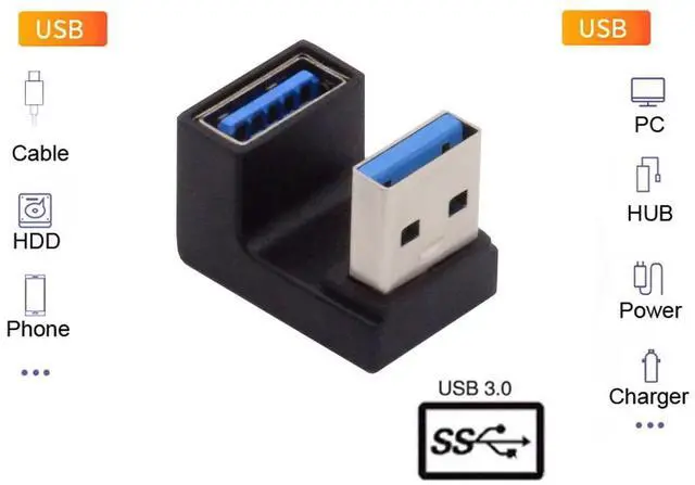 Alt view image 4 of 6 - Vszerda 10Gbps USB3.0 Male to Female Extension Power Data Video Adapter 360 Degree Down Opposite U Shape Back Angled
