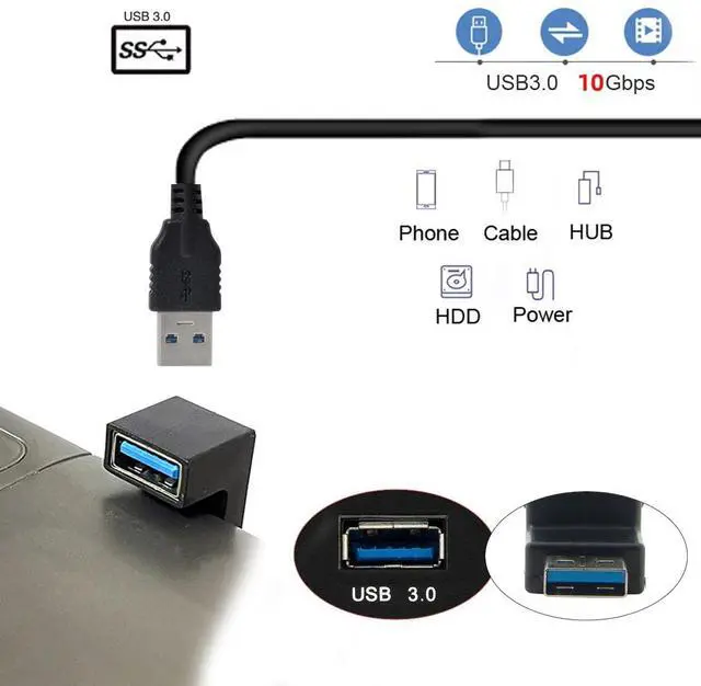 Alt view image 6 of 6 - Vszerda 10Gbps USB3.0 Male to Female Extension Power Data Video Adapter 360 Degree Down Opposite U Shape Back Angled