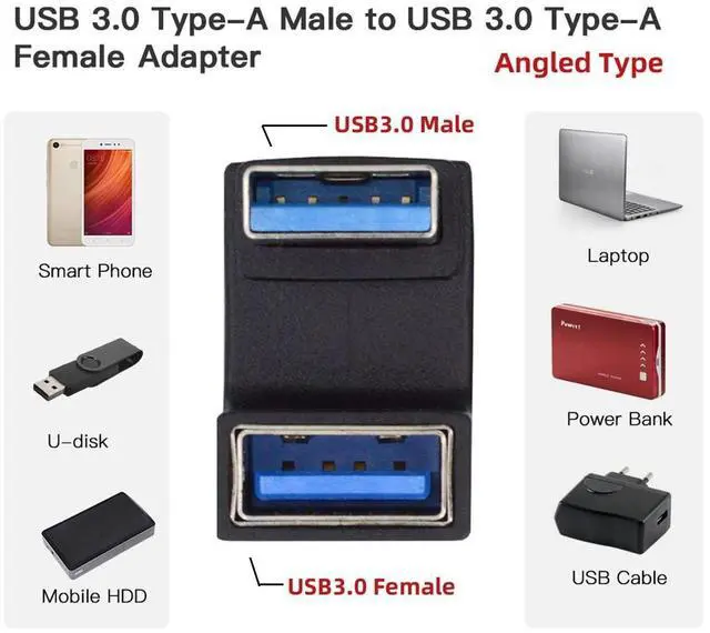 Alt view image 5 of 6 - Vszerda 10Gbps USB3.0 Male to Female Extension Power Data Video Adapter 360 Degree Down Opposite U Shape Back Angled
