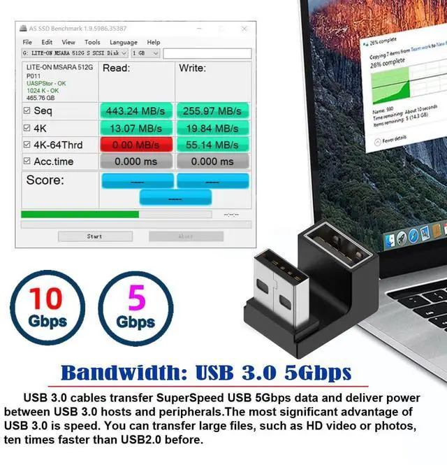 Alt view image 7 of 7 - Vszerda 10Gbps USB3.0 Male to Female Extension Power Data Video Adapter 360 Degree Up Opposite U Shape Back Angled