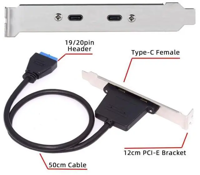 Alt view image 7 of 7 - Vszerda Cable USB3.0 Motherboard 19/20Pin to USB-C Type-C Dual Ports Female PCI-E Back Panel 5Gbps Cable