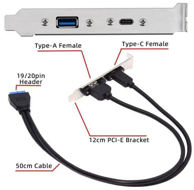 Alt view image 2 of 7 - Vszerda Cable USB3.0 Motherboard 19/20Pin to USB-C Type-C & USB 3.0 Dual Ports Female PCI-E Back Panel 5Gbps Cable