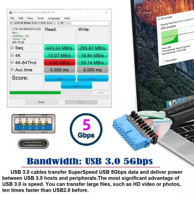 Alt view image 5 of 7 - Vszerda Cable USB3.0 Motherboard 19/20Pin to USB-C Type-C & USB 3.0 Dual Ports Female PCI-E Back Panel 5Gbps Cable