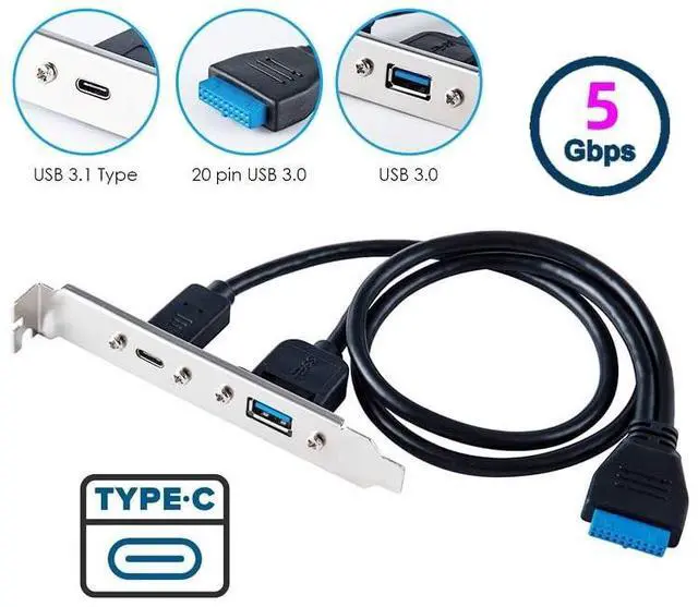 Alt view image 7 of 7 - Vszerda Cable USB3.0 Motherboard 19/20Pin to USB-C Type-C & USB 3.0 Dual Ports Female PCI-E Back Panel 5Gbps Cable