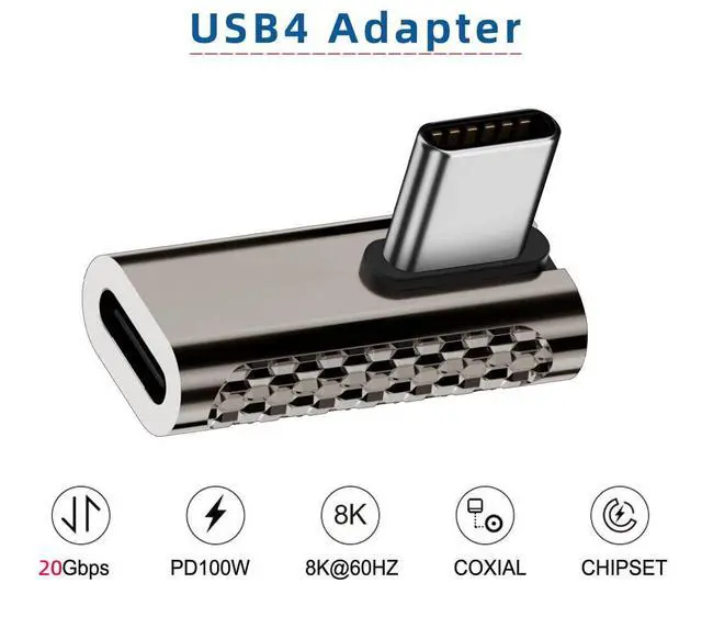 Alt view image 2 of 7 - Vszerda 20Gbps USB4 Type C Male to Female Low Profile Right Angled 100W Power Data 8K Video Adapter for USB4.0